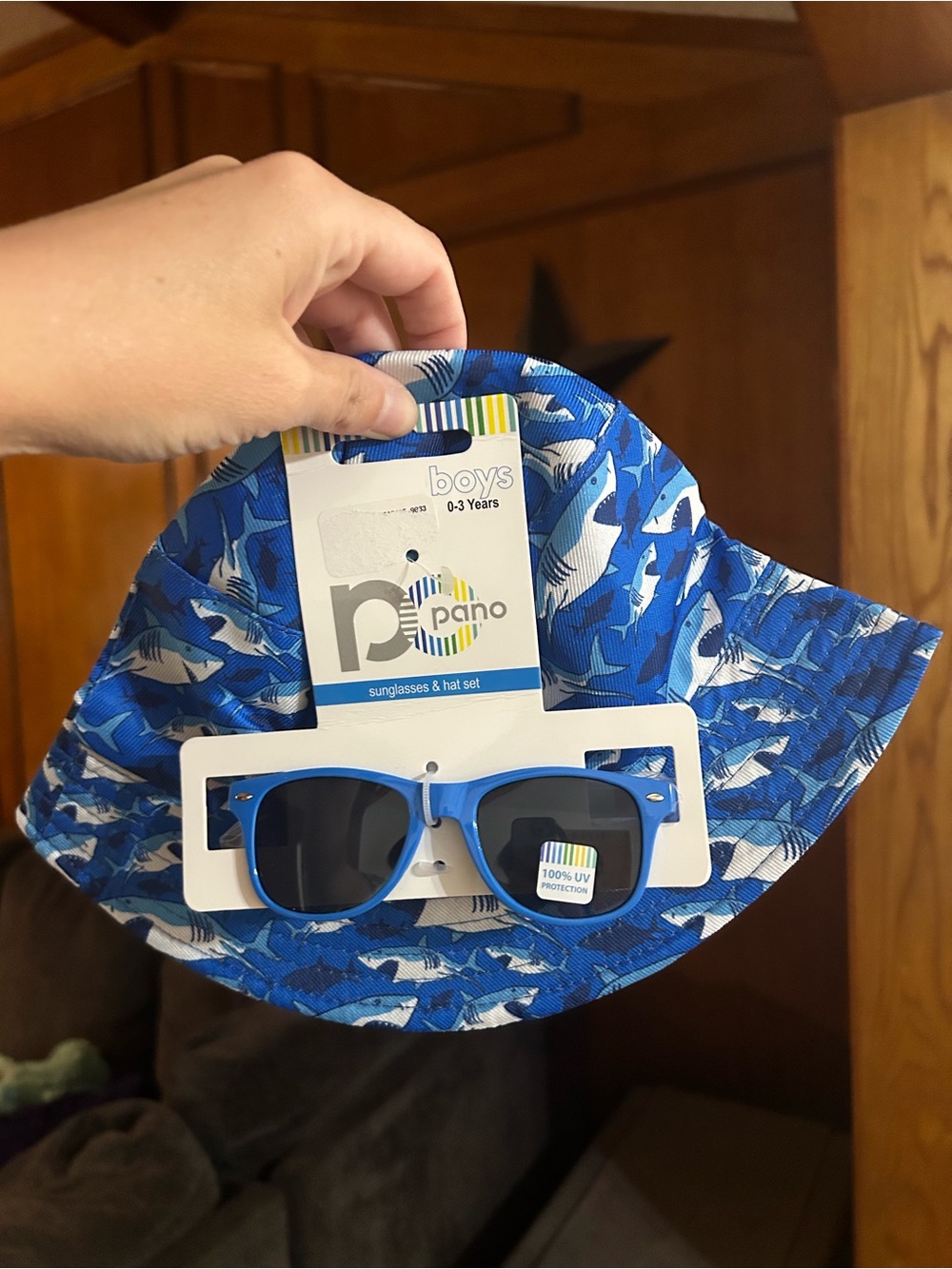Boys Blue Shark Print Bucket Hat with Matching Sunglasses
